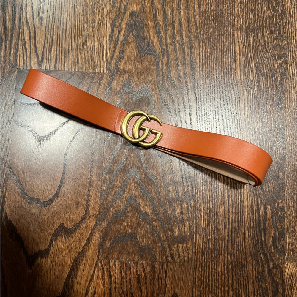 Gucci Marmont Leather Belt – Tan with Antiqued Brass GG Buckle
